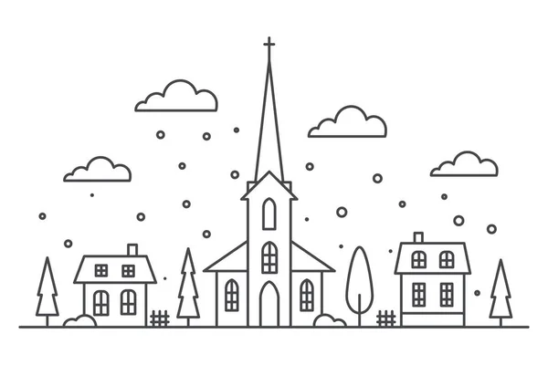 Suburban Neighborhood Winter Landscape Silhouette Houses Church Skyline Snowflakes Countryside — Stock Vector