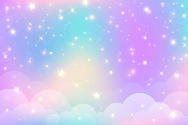 Regnbåge Enhörning Bakgrund Med Moln Och Stjärnor Pastellfärgad Himmel Magiskt — Stock vektor
