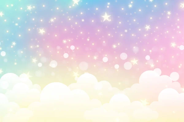 Rainbow Unicórnio Fundo Com Nuvens Estrelas Céu Cor Pastel Paisagem —  Vetores de Stock