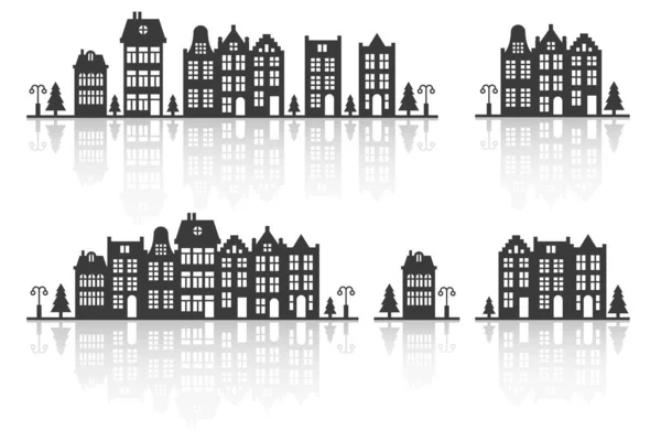 Silhouette Row Amsterdam Style Houses Facades European Old Buildings Reflection — Stock Vector