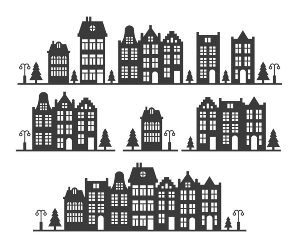 Σιλουέτα Από Μια Σειρά Άμστερνταμ Στυλ Σπίτια Πρόσοψη Ευρωπαϊκών Παλαιών — Διανυσματικό Αρχείο