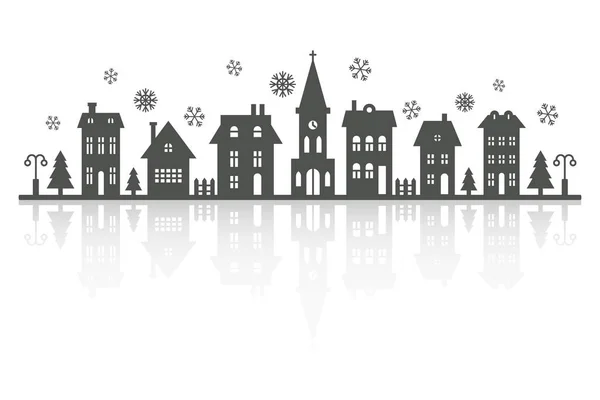 Suburban Neighborhood Winter Landscape Silhouette Houses Church Skyline Snowflakes Countryside — Stock Vector