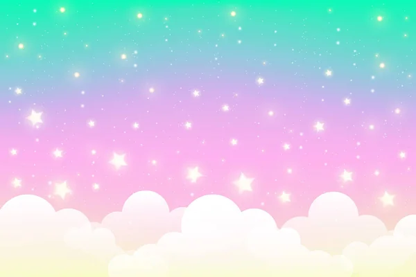 Fantasia Olografica Sfondo Unicorno Arcobaleno Con Nuvole Bolle Cielo Color — Vettoriale Stock