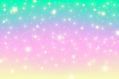 Rainbow unicorn background. Pastel gradient color sky with glitter. Magic galaxy space and stars. Vector abstract pattern
