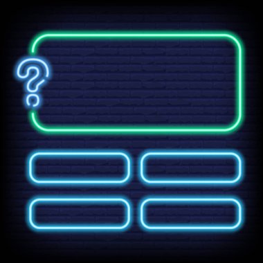 Soru işaretli neon quiz oyunu şablonu. Okulda bilgi sınavı için dört seçenek, TV programı. Vektör İllüstrasyonu 10 eps.