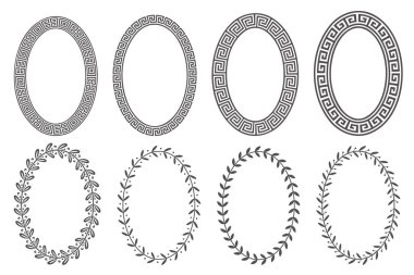 Yunan anahtar oval çerçeve takımı. Kenarları daha vahşi süslemelerle çember yapın. Elips antik tasarımlar. Vektör illüstrasyonu.