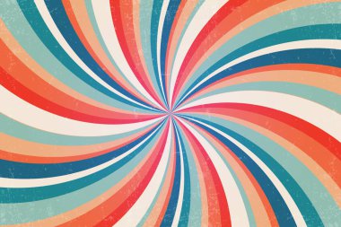 Retro güneş patlaması eskimiş arka plan. Grunge 'la duvar kağıtlarını kıvır. Sancak, poster, çerçeve ve arkaplan için spiral ışınlar sirk çizimi. Vektör bükülmüş tasarımı.