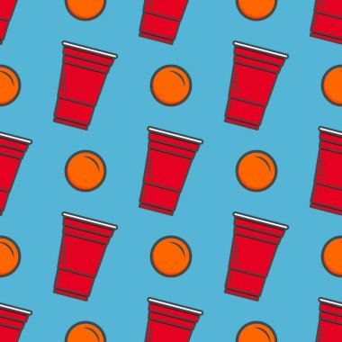 Bira pong şablonu kusursuz. Mavi arka planda kırmızı plastik bardaklar. Meşhur Amerikan parti içme oyunu. Vektör arkaplanı.