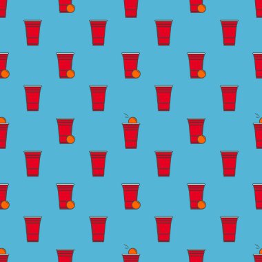 Bira pong şablonu kusursuz. Mavi arka planda kırmızı plastik bardaklar. Meşhur Amerikan parti içme oyunu. Vektör arkaplanı.