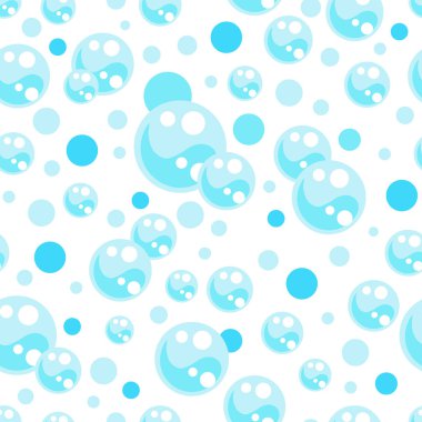 Cartoon soap bubbles seamless pattern. Effervescent oxygen bubbles, bath suds, fizzy soda or drink. Vector background on white background