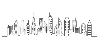 Şehrin ana hatları panoramik manzara. Sürekli bir çizgi bina çiziyor. Gökdelenlerin silueti. Minimalist vektör çizimi. EPS 10.