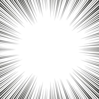 Çizgi roman için hız efektli çizgi roman çizgileri. Siyah ve beyaz patlama arka planı. Flaş ışını patlaması. Vektör çerçeveleri