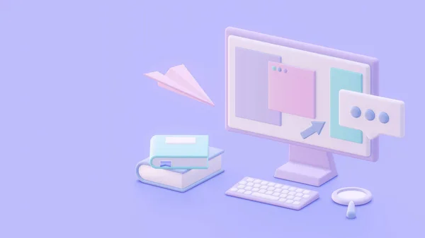 3d render of computer and keyboard in workplace. Isometric LCD monitor with open pages of website in pastel colors. Illustration for digital design, landing page template.