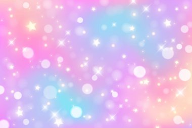 Rainbow unicorn background. Pastel gradient color sky with glitter and bokeh. Magic galaxy space and stars. Vector abstract pattern