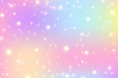 Rainbow pastel background. Unicorn sky with glittering sky. Candy galaxy with watercolor light texture. Girly cute magic wallpaper. Holographic vector abstract illustration