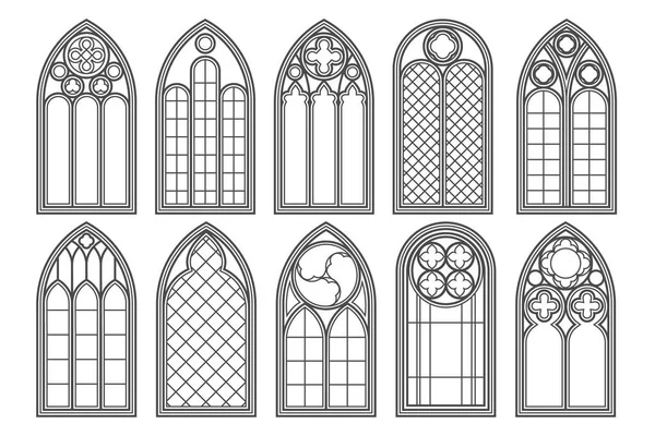 stock vector Gothic church windows. Vector architecture arches with glass. Old castle and cathedral frames. Medieval stained interior design. Vintage illustration.