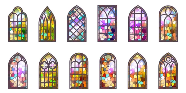 Gothic stained glass windows. Church medieval arches. Catholic cathedral mosaic frames. Old architecture design. Vector set.