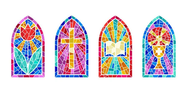 Церковні Скляні Вікна Вітражні Мозаїчні Католицькі Рамки Хрестом Книгою Релігійними — стоковий вектор