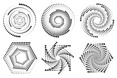 Noktalı daireler. Soyut yarım ton grafik seti. Dairesel dokulu yuvarlak sarmal çerçeveler. Grafikli vektör geometrik halkalar