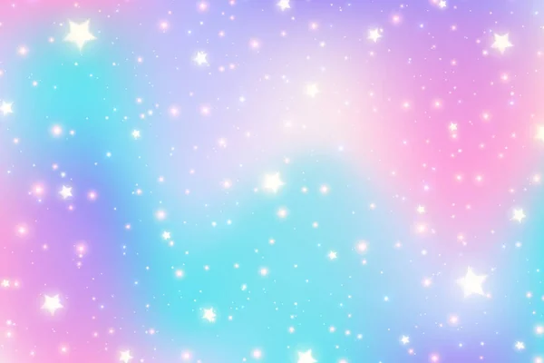 Rainbow Enhörning Fantasi Bakgrund Med Stjärnor Holografisk Illustration Pastellfärger Ljus — Stock vektor