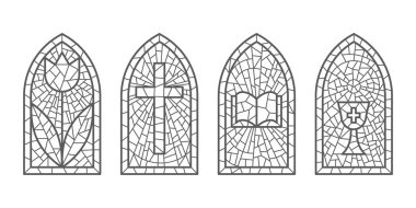 Church glass windows. Stained mosaic catholic frames with cross, book and religious symbols. Vector set isolated on white background.