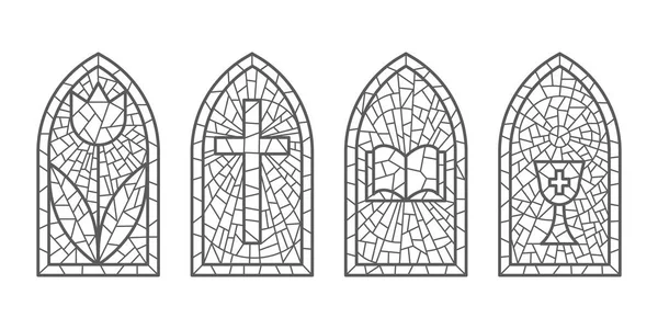 Церковні Скляні Вікна Вітражні Мозаїчні Католицькі Рамки Хрестом Книгою Релігійними — стоковий вектор