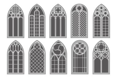 Gothic church windows. Vector architecture arches with glass. Old castle and cathedral frames. Medieval stained interior design. Vintage illustration.