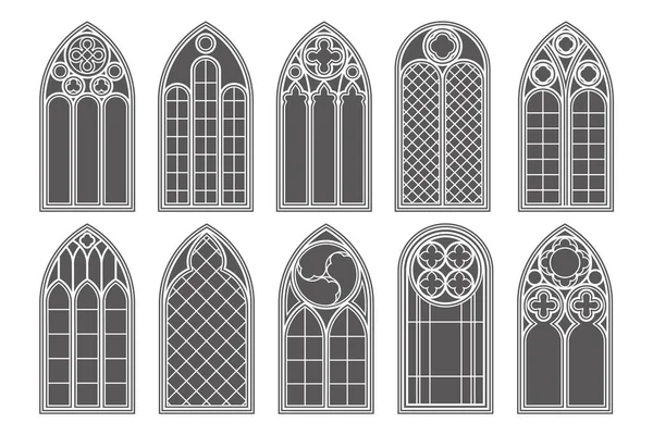 Gothic church windows. Vector architecture arches with glass. Old castle and cathedral frames. Medieval stained interior design. Vintage illustration.