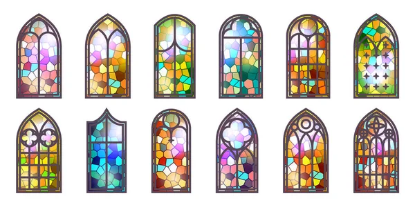 Vidrieras Góticas Arcos Medievales Marcos Mosaico Catedral Católica Diseño Arquitectura — Vector de stock