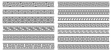 Yunan kilit sınırları daha vahşi süs ile. Geometrik motifli kusursuz bir Roma iskeleti. Antika grafik seti. Vektör illüstrasyonu.