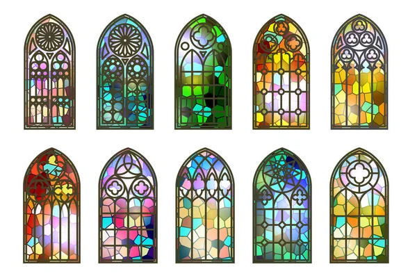 Janelas Vitrais Góticas Igreja Arcos Medievais Caixilhos Mosaico Catedral Católica — Vetor de Stock