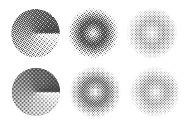 点線の勾配の円 ハーフトーンラスターグラデーション効果 丸みを帯びたグラフィック要素 白地に点を持つ抽象幾何学的フレーム ベクトルセット — ストックベクタ