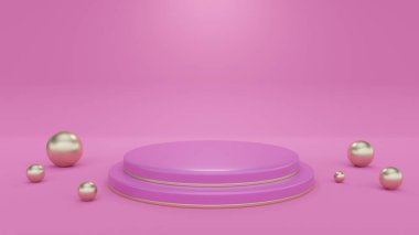 Podyumlu pembe stüdyo. Kozmetik ve mücevher ürünleri için sahne ve sahne. Pastel renkli rengarenk 3B pankart