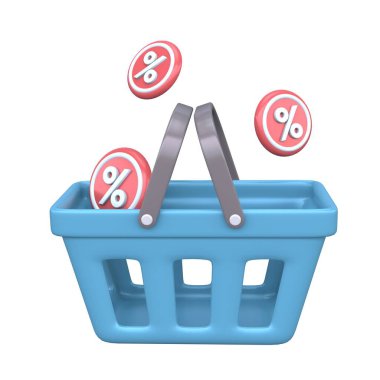 Market yemekleri için 3 boyutlu alışveriş sepeti. Boş torba beyaz arka planda izole edilmiş. Satış sembollü ürünler için gerçekçi mavi plastik el arabası. Hazırlanmış illüstrasyon.