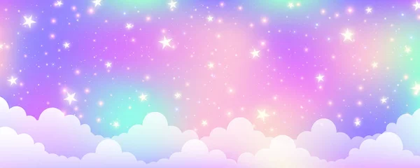 幻想的粉红独角兽背景与云彩和星星 米色的天空 神奇的风景 抽象神奇的图案 可爱的糖果壁纸 — 图库矢量图片