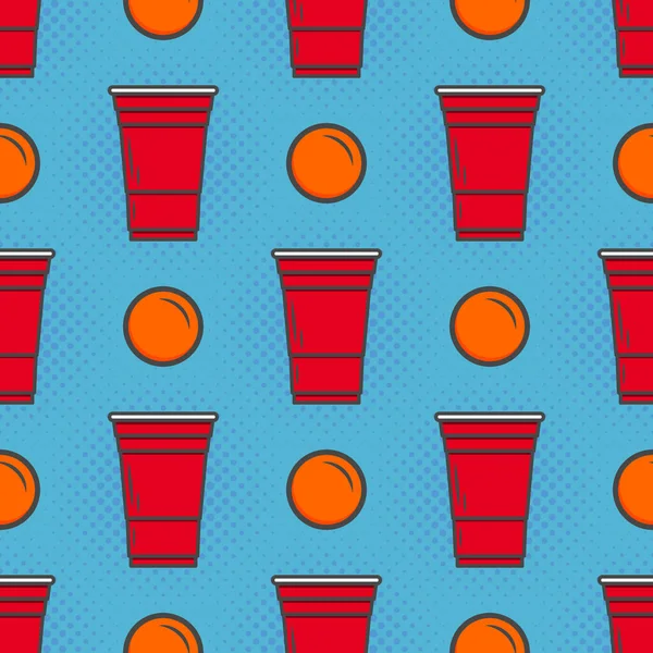 Beer Pong Seamless Pattern Red Plastic Cups Blue Background Famous — Stockvektor