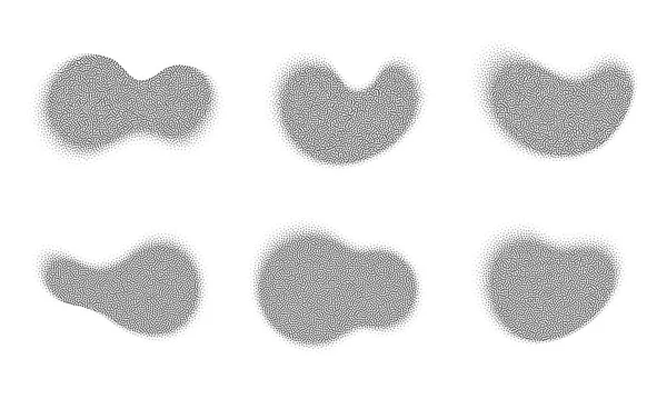 流体勾配点を持つアブストラクトハーフトーン形状 グラデーション付きの液状の粒状汚れ 粒状のランダムシェーディング要素 ベクトルセット — ストックベクタ