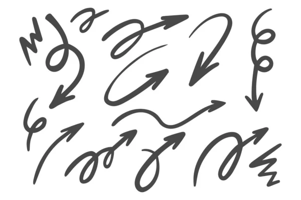 Набор Стрел Рисования Линии Утопления Рук Изогнутые Каракули Векторный Эскиз — стоковый вектор