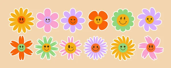Daisy Flores Maravillosas Rostros Florales Retro Sonrientes Y2K Diseño Simple — Vector de stock