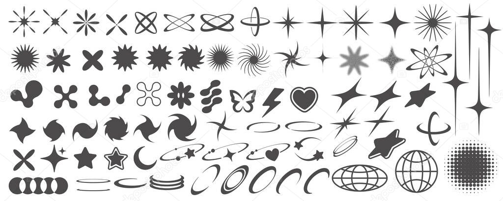 Y2k retro elements. Abstract shapes and symbols for futuristic design. Geometric groovy icons. Vector vintage set on white background.