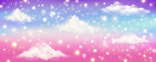 粉红的天空背景点缀着云彩和星星 糊色抽象梦的图解 神奇的天堂壁纸 可爱的独角兽景观 矢量说明 — 图库矢量图片