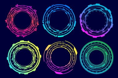 HUD futuristic elements. Abstract optical neon aim. Circle geometric shapes for virtual interface and games. Camera viewfinder for sniper weapon. Vector set.