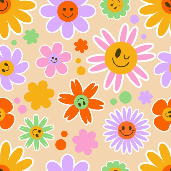 华丽的花无缝图案 Y2K花卉微笑背景 卡通复古雏菊印与滑稽的脸 矢量潮流美学图解 — 图库矢量图片