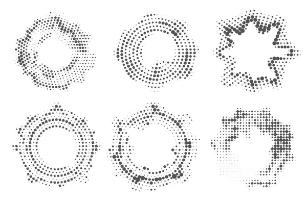 点線の円のパターン アブストラクトハーフトーンラウンド ランダムなグラデーションのベクトルフレーム ホワイトを基調としたグラウンジリングデザイン — ストックベクタ