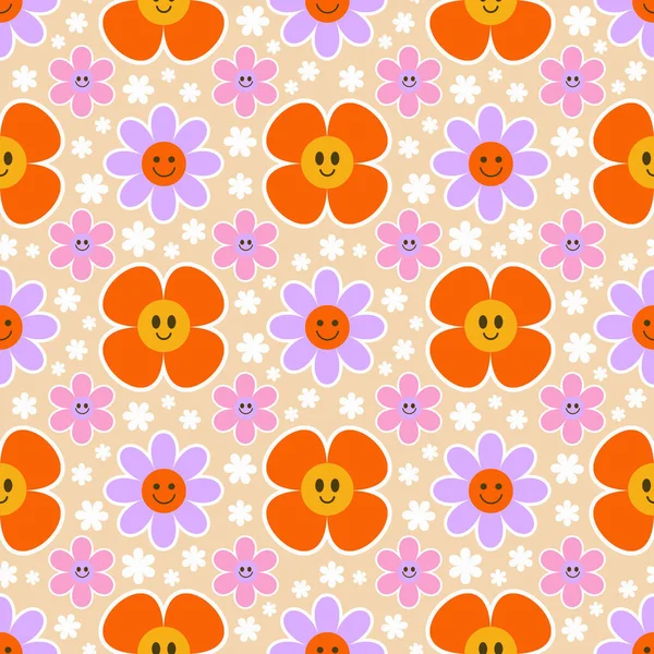 Groovy Flower Seamless Pattern Y2K Floral Smile Background Cartoon Retro — Stock Vector