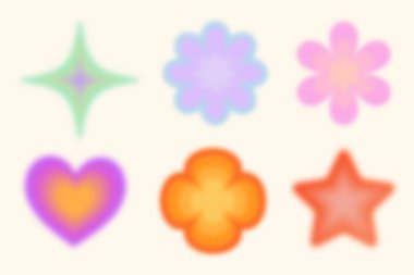 Y2k gradyan bulanık elementler. Soyut şekiller ve auralı retro çıkartmalar. Çiçek, kalp ve yıldız estetik figürleri. Vektör moda seti.