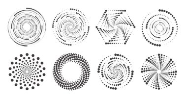 Dotted circles pattern. Abstract half tone graphic set. Circular textured round spiral frames. Vector swirl geometric rings with gradation