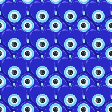 Kem göz deseni. Yunan kalp boncuğu ve Türk mavisi nazarı kusursuz arka plan. Tılsım şans ve enerji için kıskançlığa karşı koruma. Vektör duvar kağıdı.