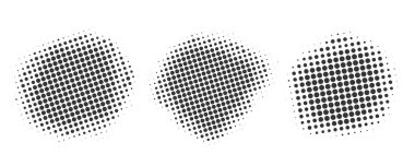 Yarım tonlu noktalı daireler. Grunge desenli yuvarlak vektör şekli. Beyaz arkaplanda izole edilmiş soyut gradyan elementler.