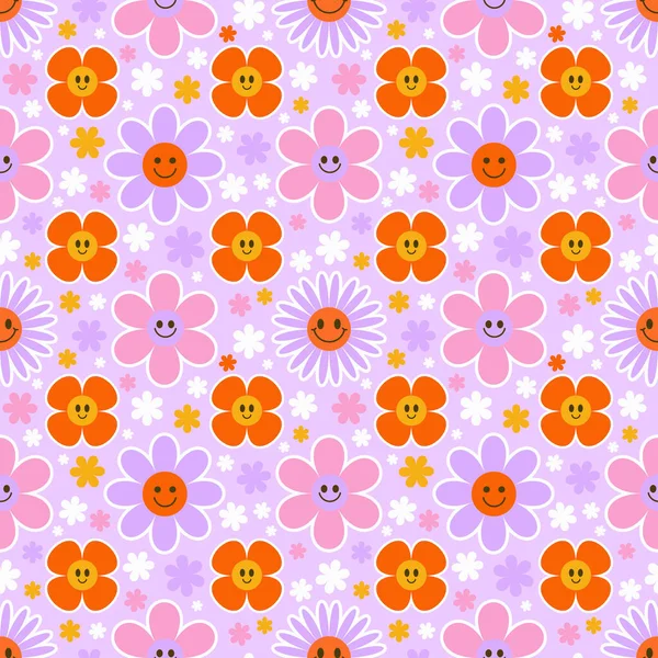 Groovy Flower Seamless Pattern Y2K Floral Smile Background Cartoon Retro — Stock Vector